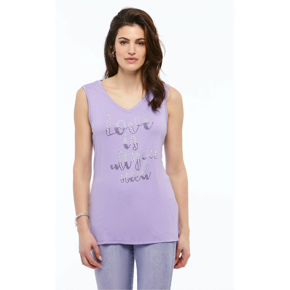 ORLY Women's V-Neck Purple Tank Top Size S Love Quote Pearl Embellishments NWT